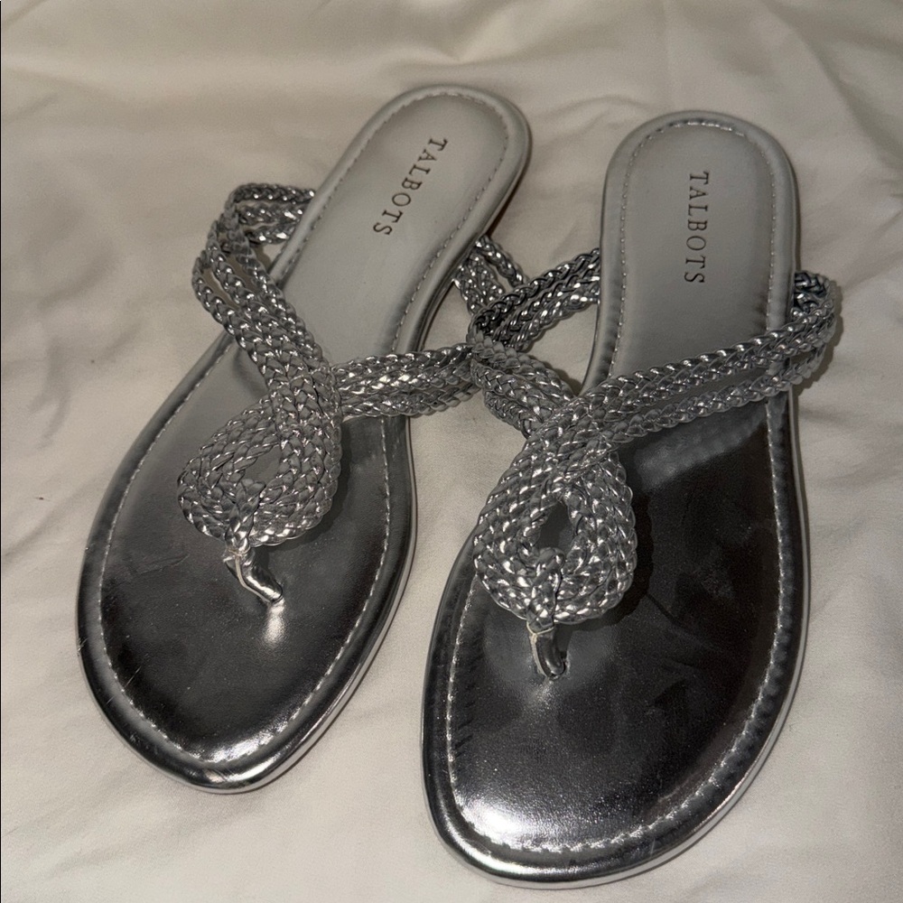 NWOT $89 Sz 9 Talbots Metallic Silver Braided Sandals